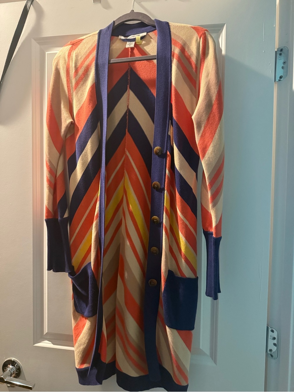 Diane Von Furstenberg DVF vintage blue, orange, cream chevron knit long cardigan